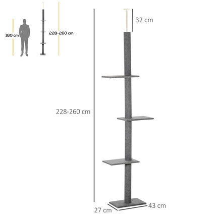 PAWROOM - Høydejusterbar Skrapestolpe Klatretre For Katter, Leketre, Grå, 43X27X228-260Cm