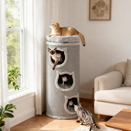 PAWROOM - Cat Tower with Washable Bed, 96 cm, 3 Hideouts, Grey