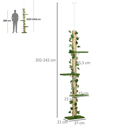 PAWROOM - Ripestolpe takhøy 202-242 cm, høydejusterbar Klatretre med spissbeskyttelse, leketre laget av jute i grønt og gult