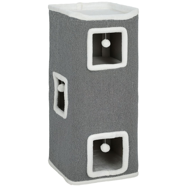 PAWROOM - Cat Tower with 3 Caves, Gray, Chipboard, Play Balls