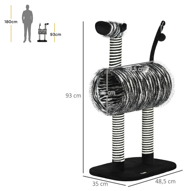PAWROOM - Skrapestolpe Cat Tree Zebra Design Klatretunnel Jute Stolpe Svart + Hvit 93Cm