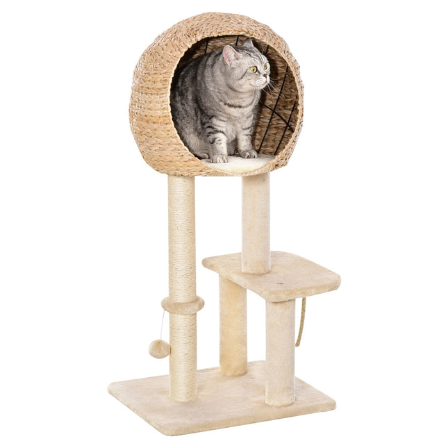 PAWROOM - Cat Tree Scratching Post Kattungemøbler Med Cat Cave Ball Leketøy Sisal Myk Plysj Beige Høyde 100Cm