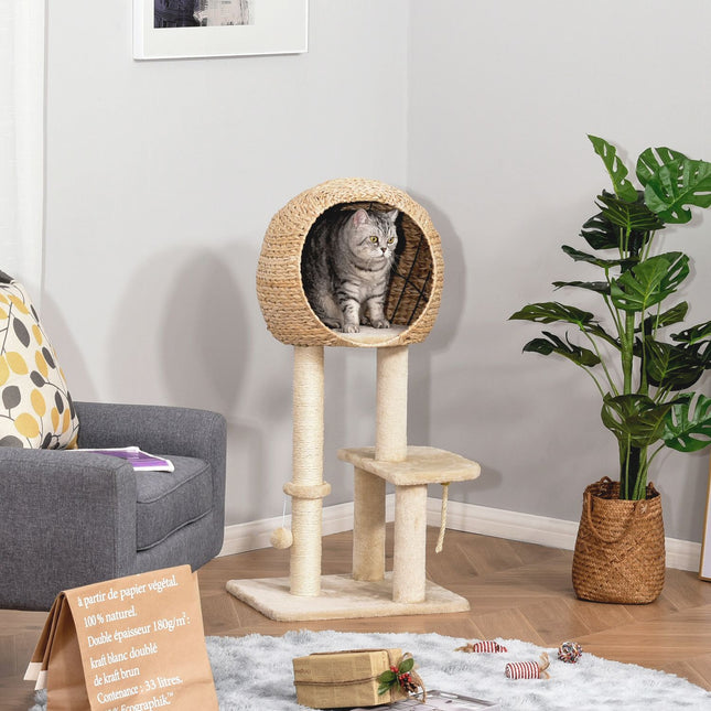 PAWROOM - Cat Tree Scratching Post Kattungemøbler Med Cat Cave Ball Leketøy Sisal Myk Plysj Beige Høyde 100Cm