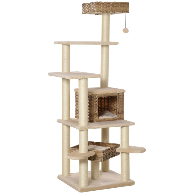 PAWROOM - Multi-layered root-knot climbing tree with cave, beige/brown