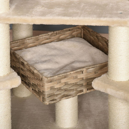 PAWROOM - Rattan Skrapestolpe Klatretre Katt Med Cat Cave Multi-Tier Cat Tree E1 Mdf Sisal Beige+Brun 55 X 55 X 174 Cm