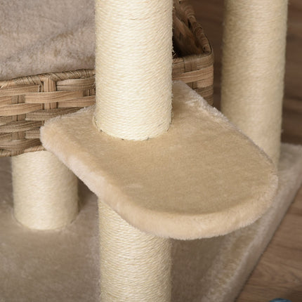 PAWROOM - Rattan Skrapestolpe Klatretre Katt Med Cat Cave Multi-Tier Cat Tree E1 Mdf Sisal Beige+Brun 55 X 55 X 174 Cm