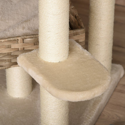 PAWROOM - Rattan Skrapestolpe Klatretre Katt Med Cat Cave Multi-Tier Cat Tree E1 Mdf Sisal Beige+Brun 55 X 55 X 174 Cm