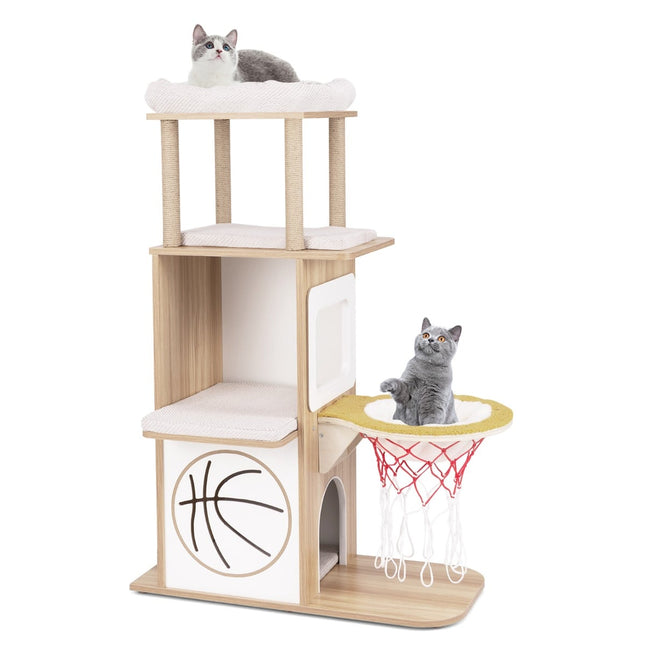PAWROOM - Klatrestolpe 120 cm sportstema klatretårn med 2-lags kattehus naturlig