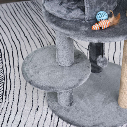 PAWROOM - Cat Tree 4-Lags Kattehule Med Lekeballer, Abbor, Sisal-Søyle, Skrapebrett, Plysj, Grå, 48X48X104Cm