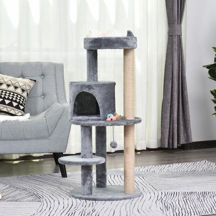 PAWROOM - Cat Tree 4-Lags Kattehule Med Lekeballer, Abbor, Sisal-Søyle, Skrapebrett, Plysj, Grå, 48X48X104Cm