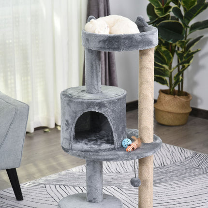 PAWROOM - Cat Tree 4-Lags Kattehule Med Lekeballer, Abbor, Sisal-Søyle, Skrapebrett, Plysj, Grå, 48X48X104Cm