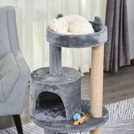 PAWROOM - Cat Tree 4-Lags Kattehule Med Lekeballer, Abbor, Sisal-Søyle, Skrapebrett, Plysj, Grå, 48X48X104Cm