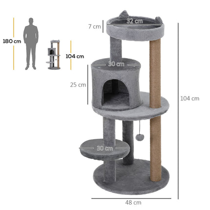 PAWROOM - Cat Tree 4-Lags Kattehule Med Lekeballer, Abbor, Sisal-Søyle, Skrapebrett, Plysj, Grå, 48X48X104Cm