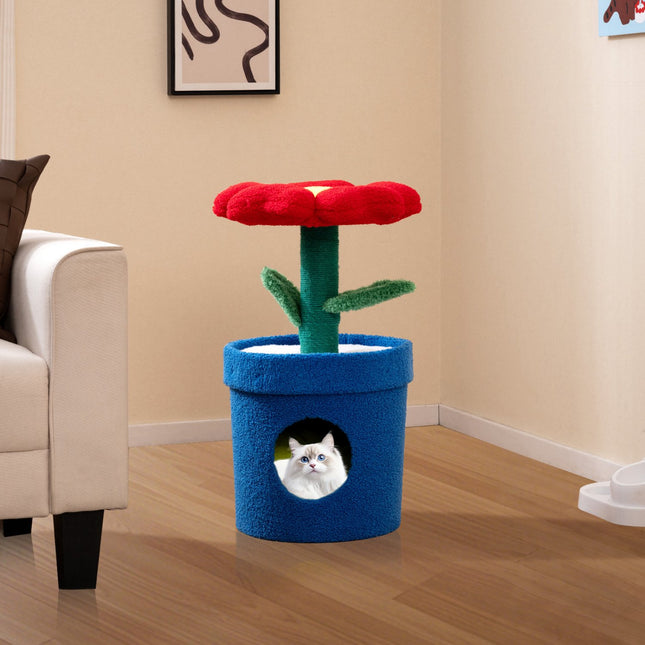 PAWROOM - Cat Tree For Indoor Cats, Flower Condo, Padded Perch, Red
