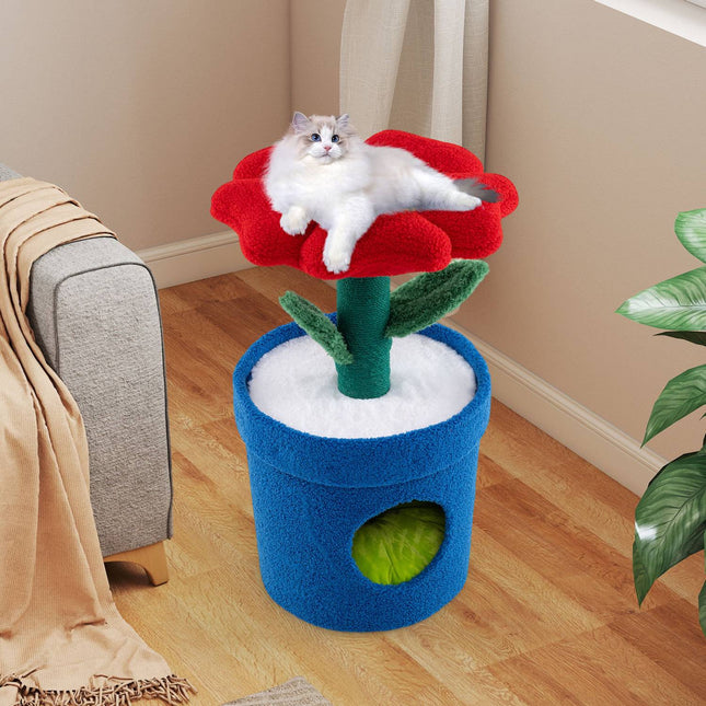 PAWROOM - Cat Tree For Indoor Cats, Flower Condo, Padded Perch, Red