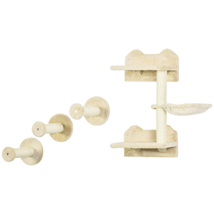 PAWROOM - Stupetårn Og 3 Skrapestolper, Klatrevegg Med Hengekøye, Beige + Kremhvit