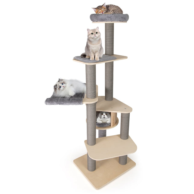 PAWROOM - 197 cm kattetårn i flere nivåer med hengekøye, grå