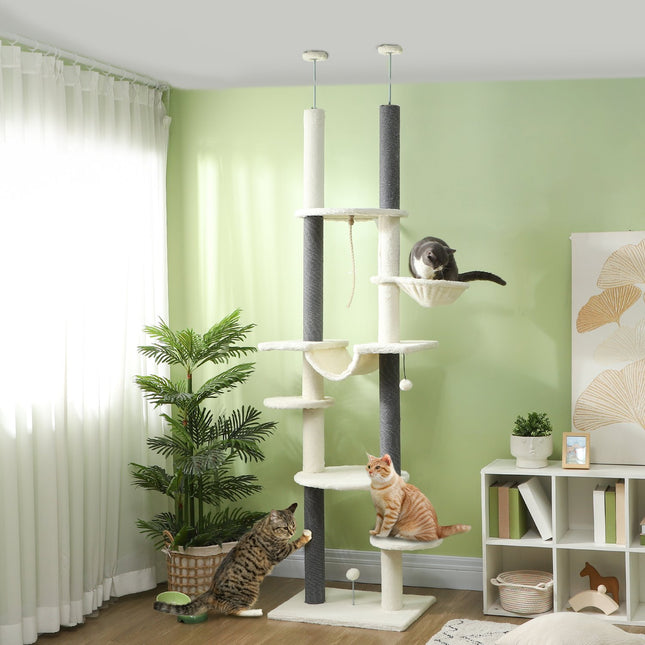 PAWROOM - Skrapestolpe takhøyt, kattetre, 225-255 cm katteklodestolpe med hengekøyer, skrapestolper, kurv, lekeball, kattemøbel med tuppbeskyttelse, hvit