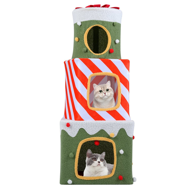 PAWROOM - Christmas Cat Tree with 3 Cozy Houses, 120 cm Indoor