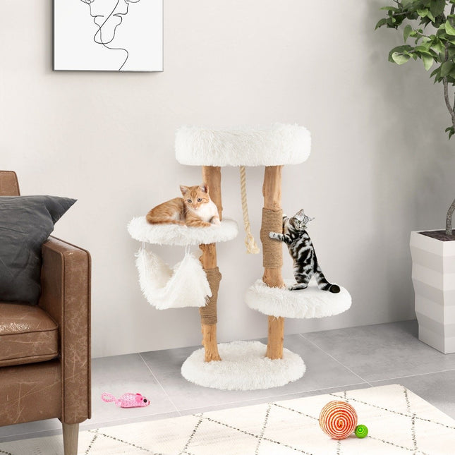 PAWROOM - 87 cm skrapestolpe i massivt tre med flerlags katteaktivitetssenter