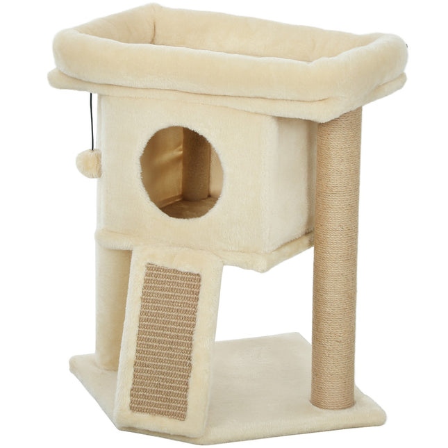 PAWROOM - Cat Tree with Jute Scratching Mat, Bed, Toy Ball, Beige