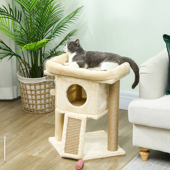 PAWROOM - Cat Tree with Jute Scratching Mat, Bed, Toy Ball, Beige