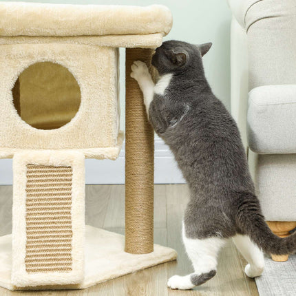 PAWROOM - Kattetre med jute skrapematte, seng, lekeball, beige