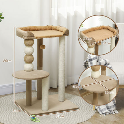 PAWROOM - Kløestolpe 86 cm kattetre med hoppeplattform, seng, lekeball, katteklodestolpe med jute klodestolper, for katter opp til 7 kg, kaffe