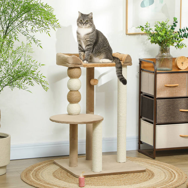 PAWROOM - Kløestolpe 86 cm kattetre med hoppeplattform, seng, lekeball, katteklodestolpe med jute klodestolper, for katter opp til 7 kg, kaffe