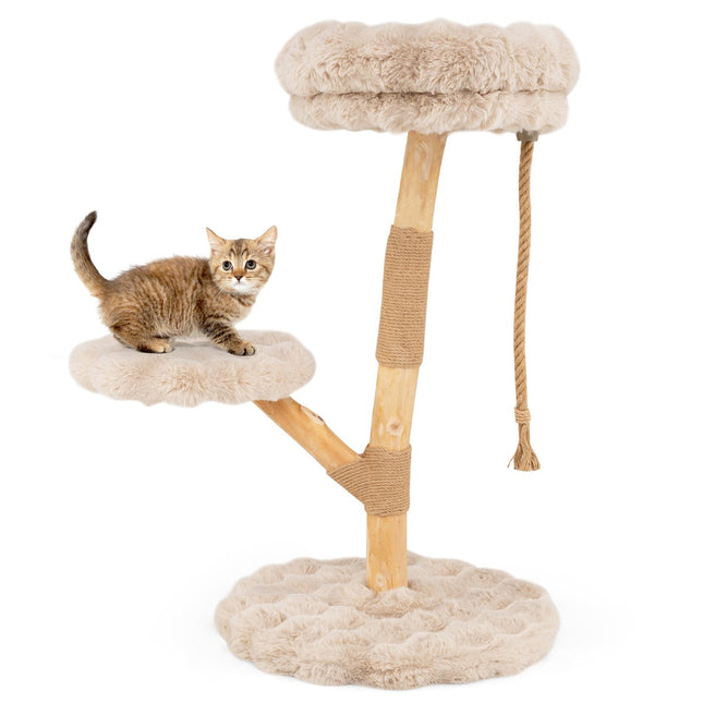 PAWROOM - Kloetre med 3 plysjplattformer, jutestolper, 90 cm, beige