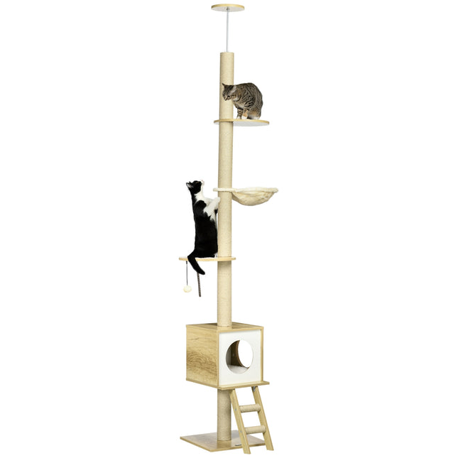 PAWROOM - Skrapestolpe Tak Høy 240-260 Cm, Med Kattehus & Hengekøye, Lys Brun + Beige