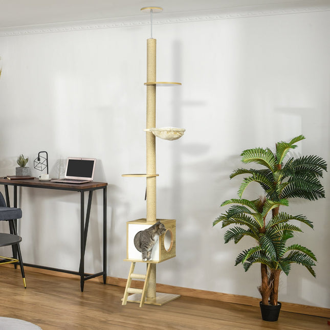 PAWROOM - Skrapestolpe Tak Høy 240-260 Cm, Med Kattehus & Hengekøye, Lys Brun + Beige