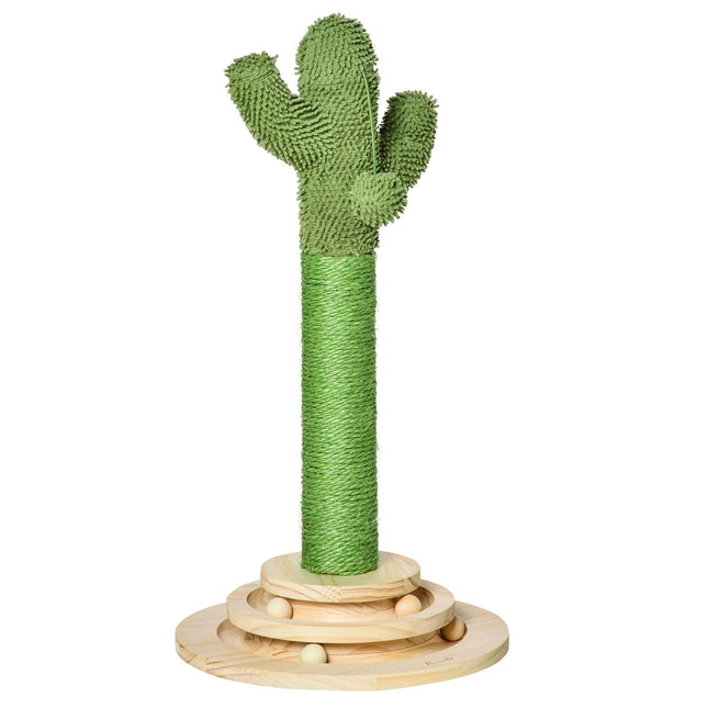 PAWROOM - Cat Scratching Post Cactus Design, Furu & Sisal Tau, Med Treballeleke, 60 Cm, Grønn+Naturlig