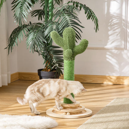 PAWROOM - Cat Scratching Post Cactus Design, Furu & Sisal Tau, Med Treballeleke, 60 Cm, Grønn+Naturlig