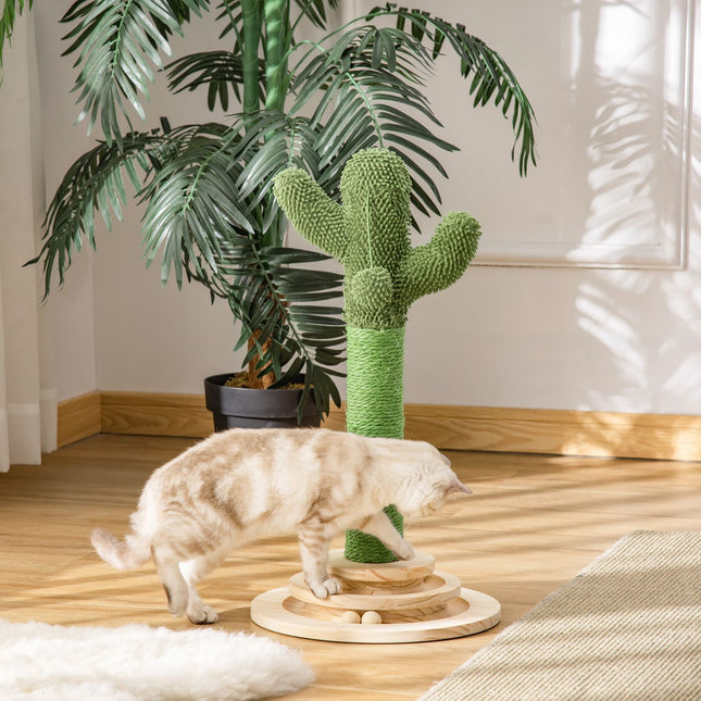 PAWROOM - Cat Scratching Post Cactus Design, Furu & Sisal Tau, Med Treballeleke, 60 Cm, Grønn+Naturlig