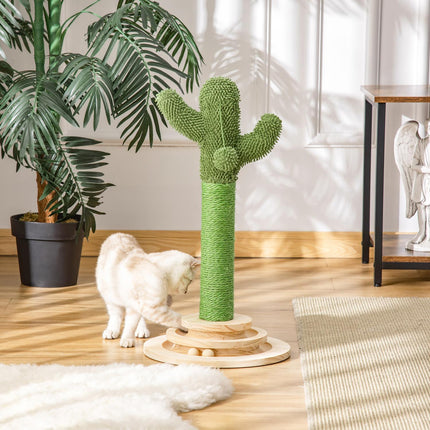 PAWROOM - Cat Scratching Post Cactus Design, Furu & Sisal Tau, Med Treballeleke, 60 Cm, Grønn+Naturlig