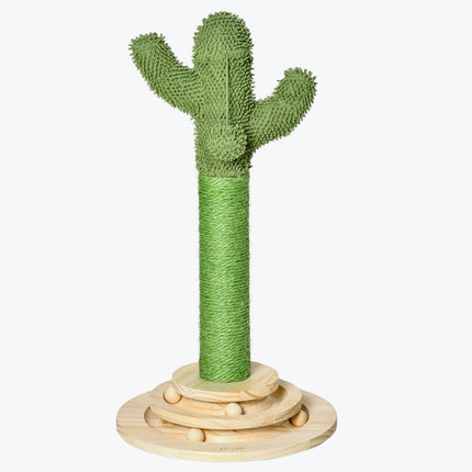 PAWROOM - Cat Scratching Post Cactus Design, Furu & Sisal Tau, Med Treballeleke, 60 Cm, Grønn+Naturlig