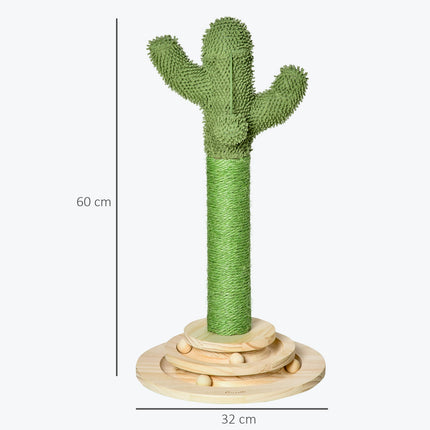 PAWROOM - Cat Scratching Post Cactus Design, Furu & Sisal Tau, Med Treballeleke, 60 Cm, Grønn+Naturlig