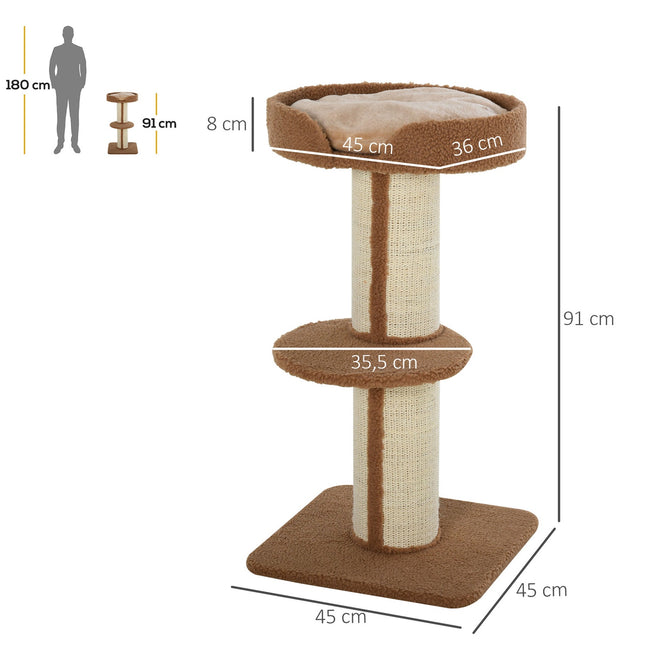 PAWROOM - Ripestolpe med avtagbare puter, opptil 30 kg, skrapestolpe, kattetre med plattform, stall, sisal, lysebrun, 45x45x91cm