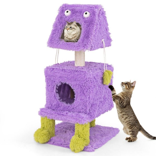 PAWROOM - Kattskrapestolpe Liten 111 cm monstertema kattetre med 2 kattehuler og avtagbar topp lilla