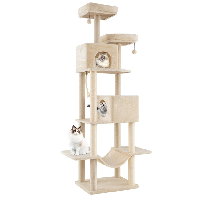 PAWROOM - Høyt klatretre i flere nivåer med sisalstolper, 2 huler, beige