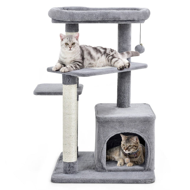 PAWROOM - Kattetre med sisalstolper, plysj toppplattform, grå