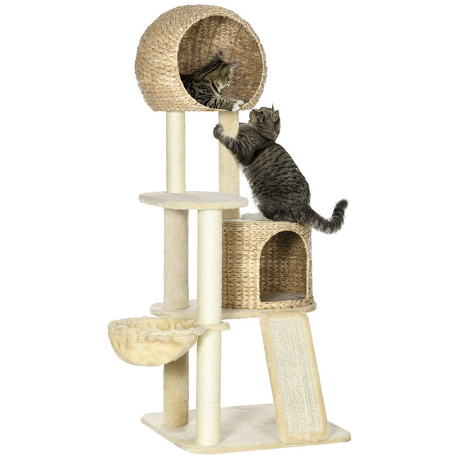 PAWROOM - Katteskrapestolpe med rottingkatthus, flere plattformer, hengekøye og rampe, tippesikring, plysj, beige, 60 x 60 x 150 cm