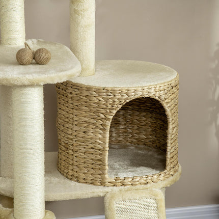 PAWROOM - Katteskrapestolpe med rottingkatthus, flere plattformer, hengekøye og rampe, tippesikring, plysj, beige, 60 x 60 x 150 cm