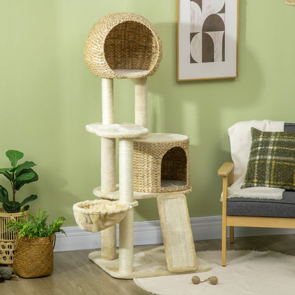 PAWROOM - Katteskrapestolpe med rottingkatthus, flere plattformer, hengekøye og rampe, tippesikring, plysj, beige, 60 x 60 x 150 cm