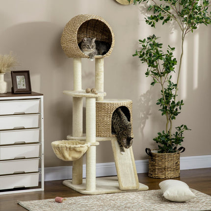 PAWROOM - Katteskrapestolpe med rottingkatthus, flere plattformer, hengekøye og rampe, tippesikring, plysj, beige, 60 x 60 x 150 cm