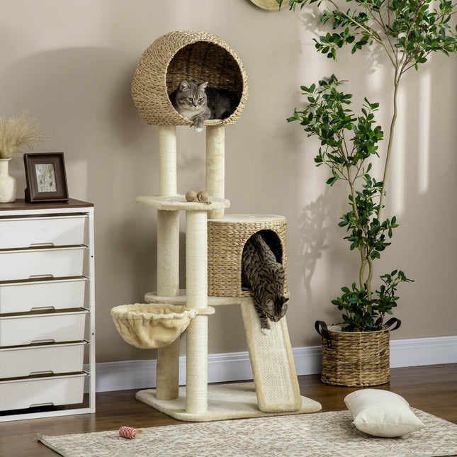 PAWROOM - Katteskrapestolpe med rottingkatthus, flere plattformer, hengekøye og rampe, tippesikring, plysj, beige, 60 x 60 x 150 cm