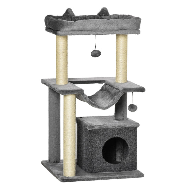 PAWROOM - Kloretre med hengekøye, kattehule og liggeplattformer, plysj og sisal, grå, 90 cm