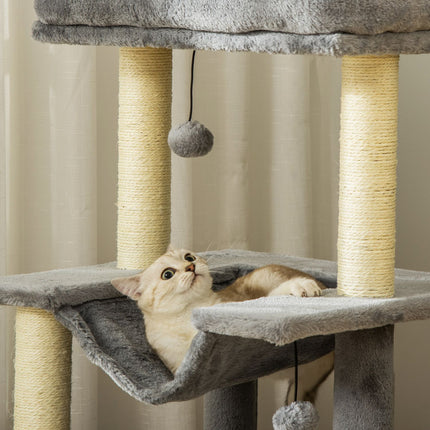 PAWROOM - Kloretre med hengekøye, kattehule og liggeplattformer, plysj og sisal, grå, 90 cm
