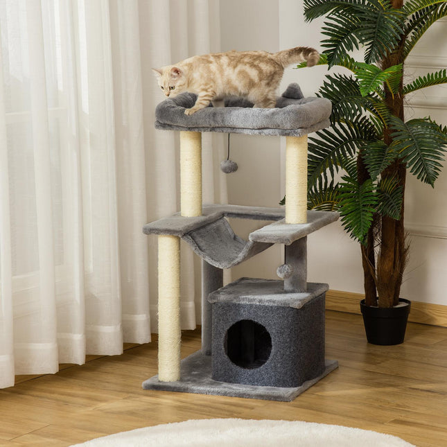 PAWROOM - Kloretre med hengekøye, kattehule og liggeplattformer, plysj og sisal, grå, 90 cm